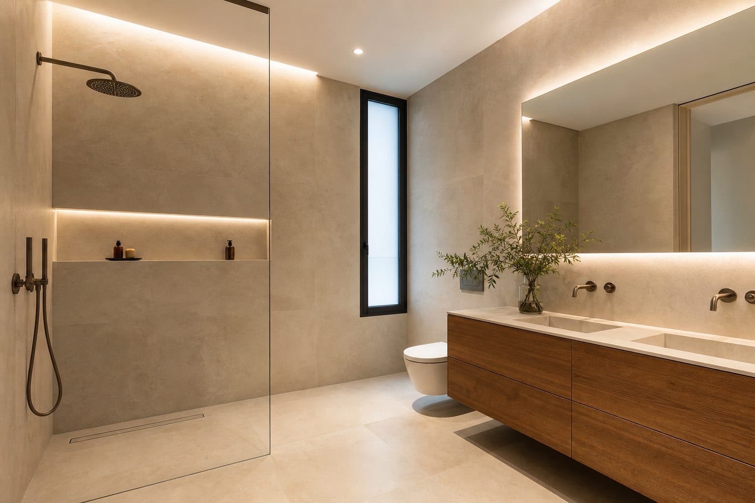 Baño terminado con ducha a ras de suelo y porcelánico pétreo de gran formato