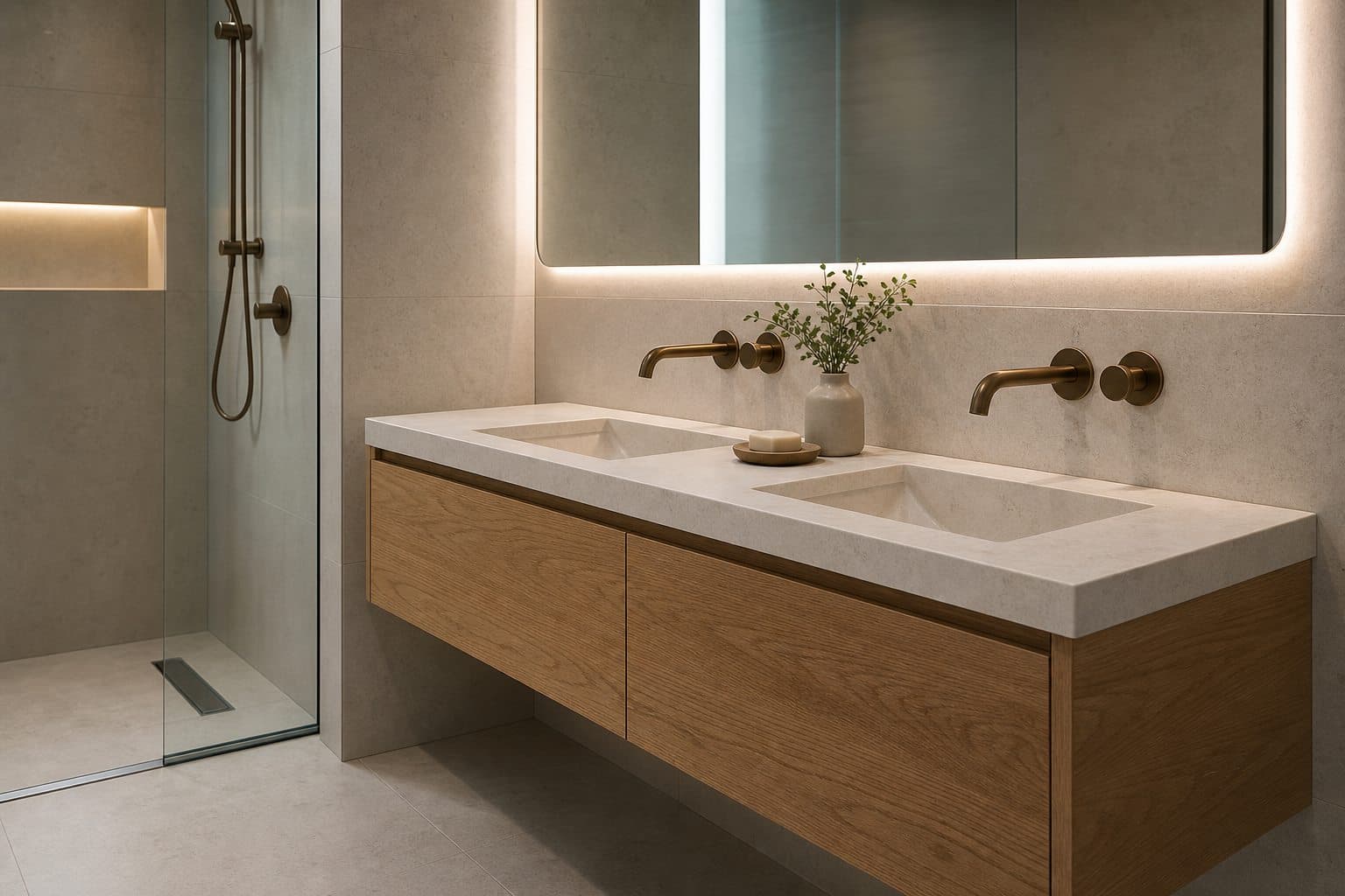 Detalle de mueble suspendido de roble, lavabo doble, grifería mural y espejo iluminado