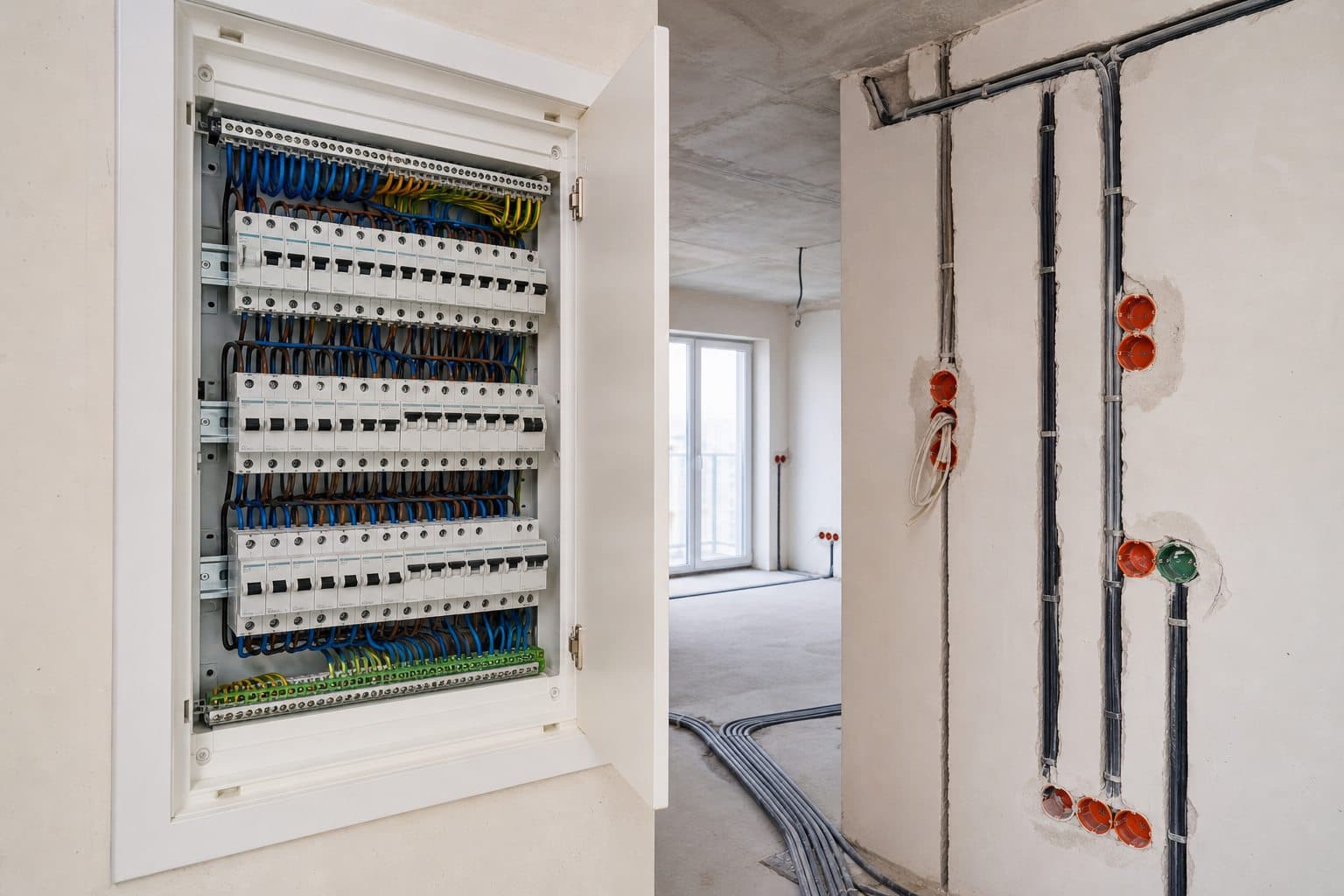 Cuadro eléctrico residencial moderno con cableado empotrado organizado