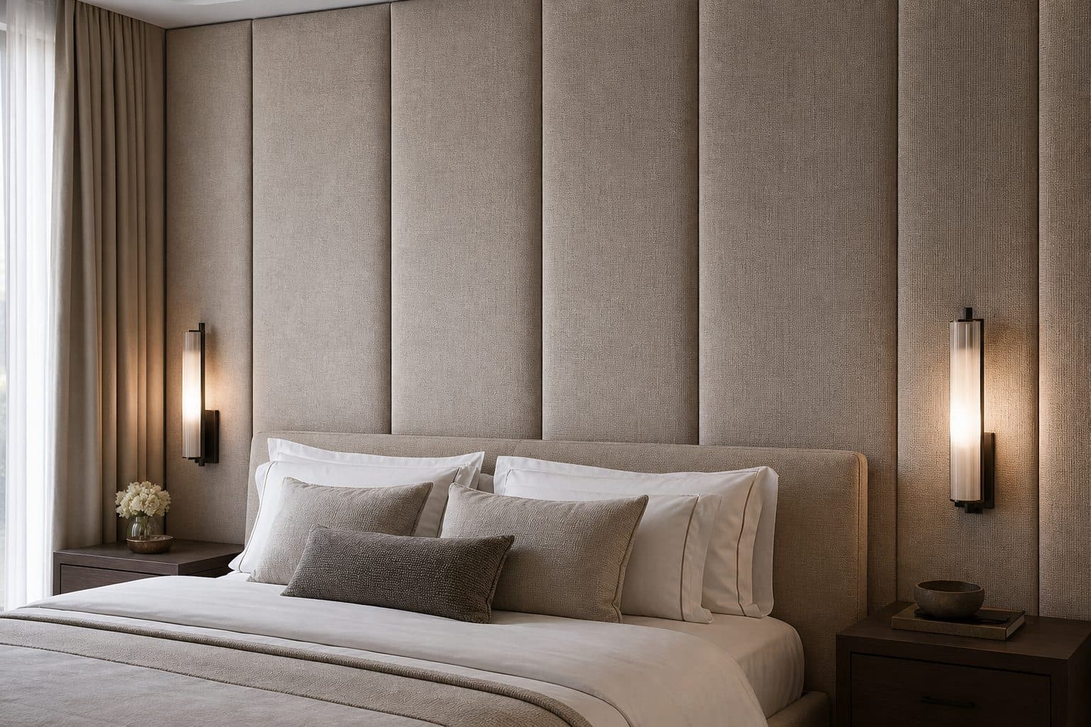Pared de dormitorio con paneles tapizados de altura completa en tejido topo