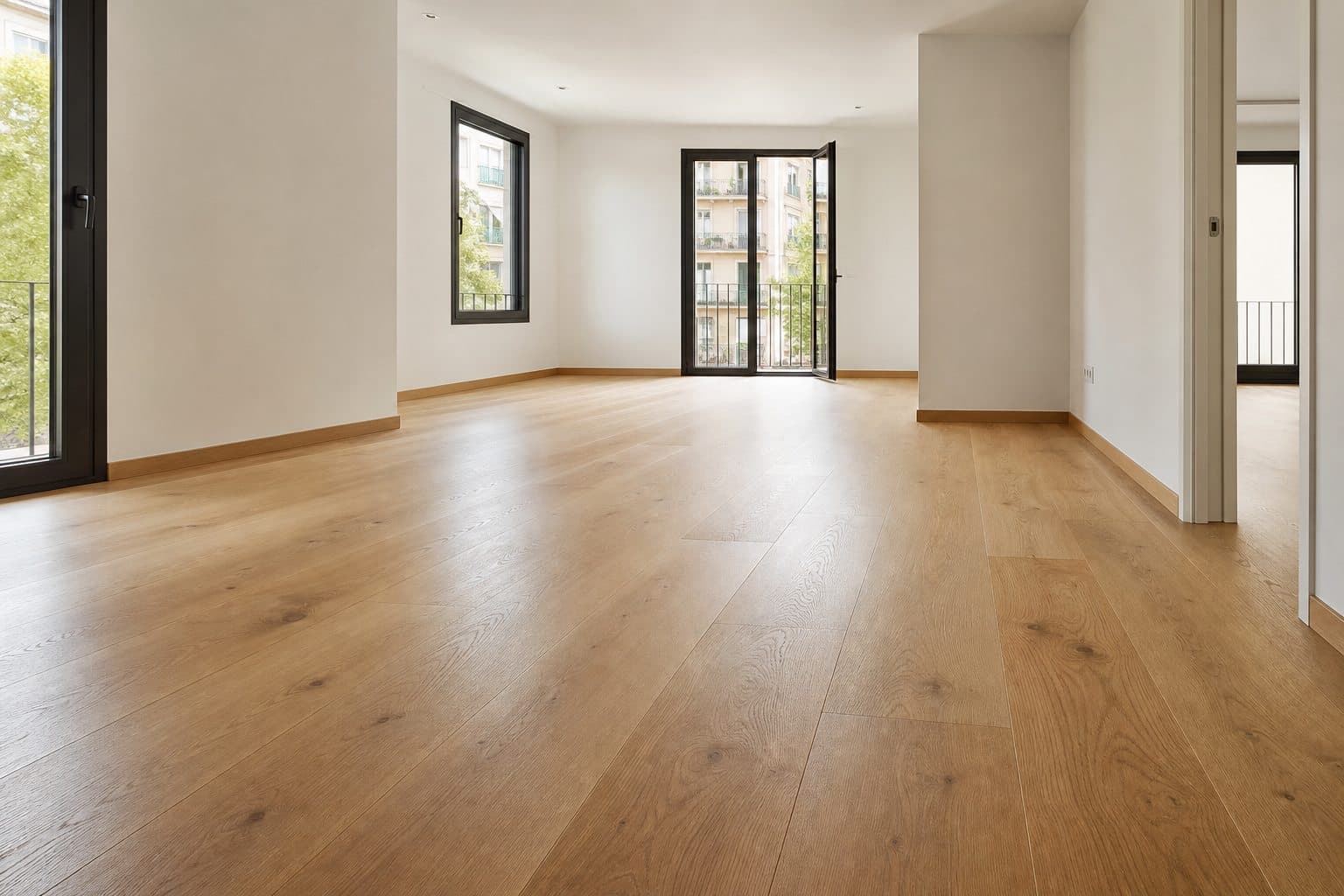 Nuevo suelo de lamas extraanchas de roble natural en una vivienda reformada