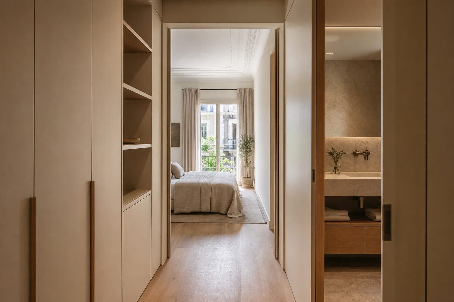 Distribuidor reformado que conecta almacenaje a medida, dormitorio y baño de piedra