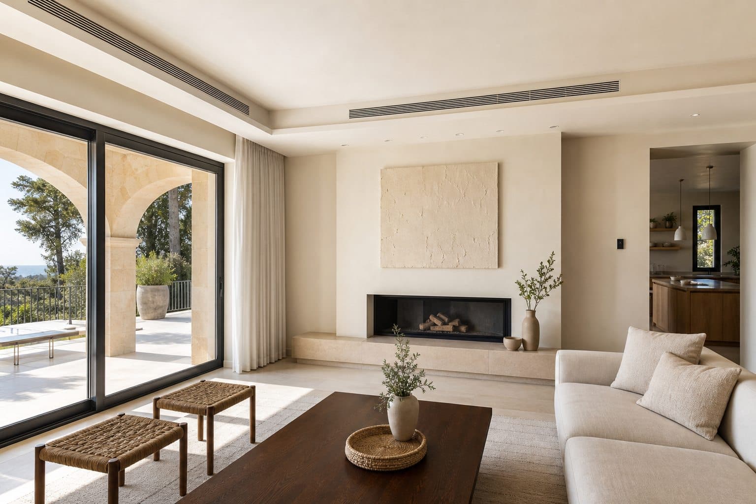 Salón terminado con difusores lineales discretos para climatización por conductos