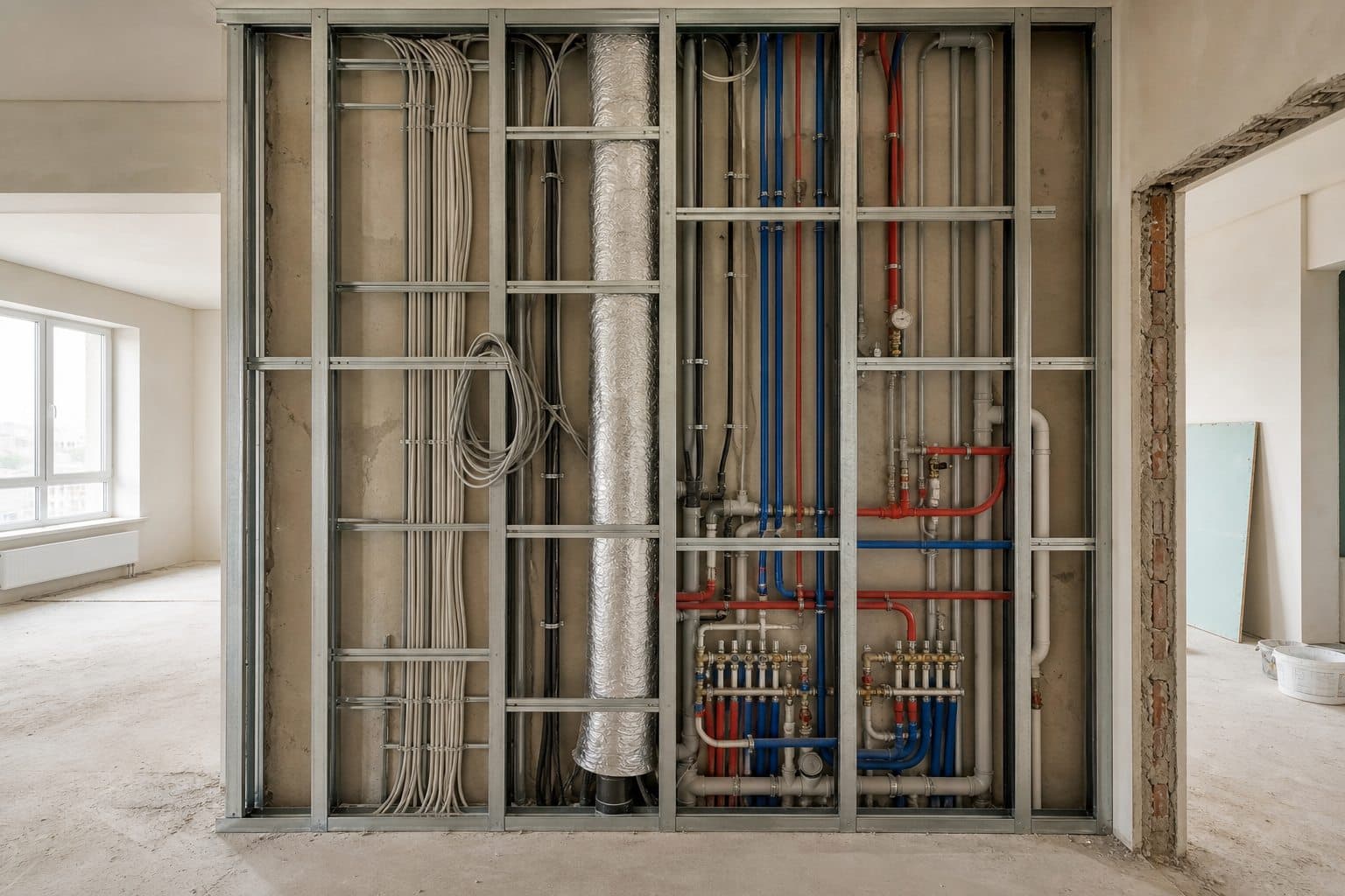 Instalaciones coordinadas de electricidad, fontanería y ventilación dentro de un tabique
