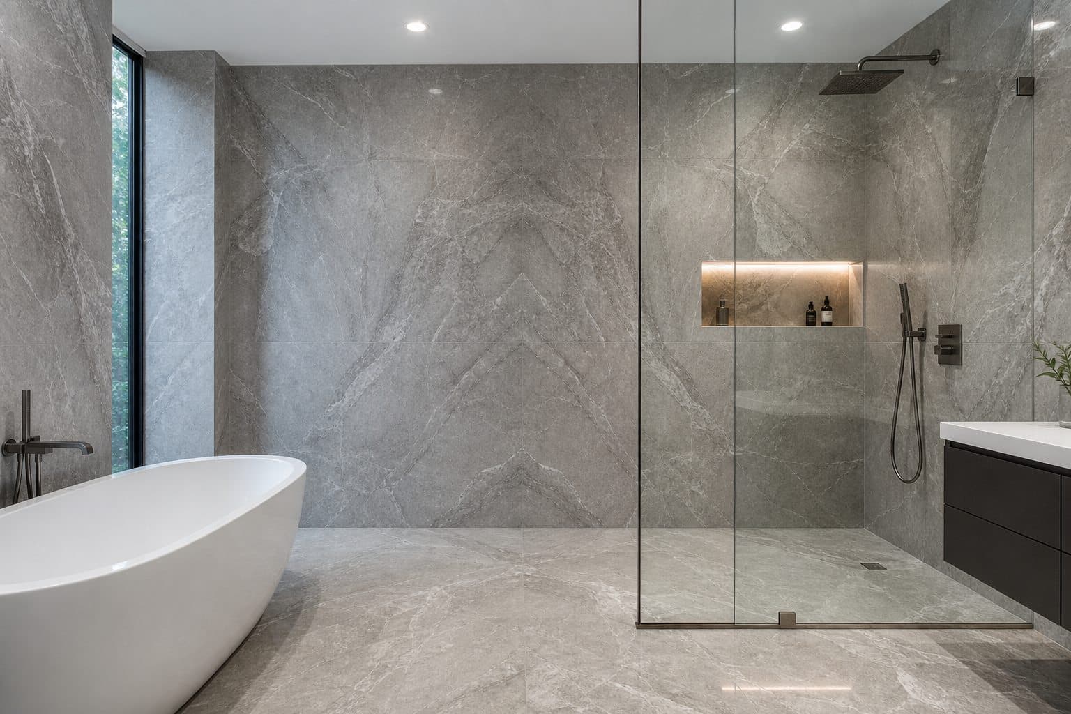 Baño revestido con placas porcelánicas pétreas de gran formato casadas