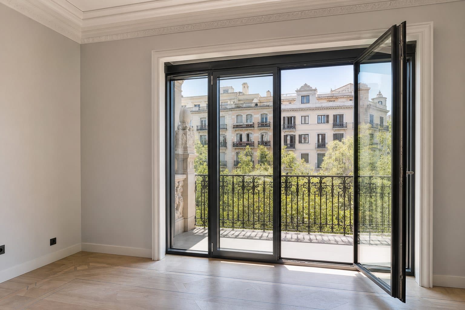 Slim black aluminum balcony doors with high-performance glazing in a renovated apartment