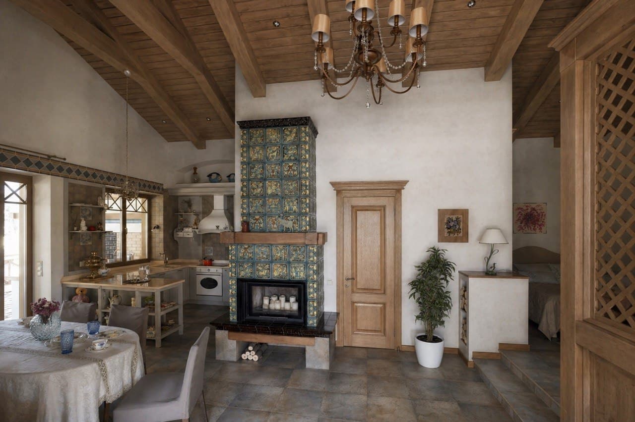 Kitchen and living room with decorative plaster walls, fireplace, and timber ceiling