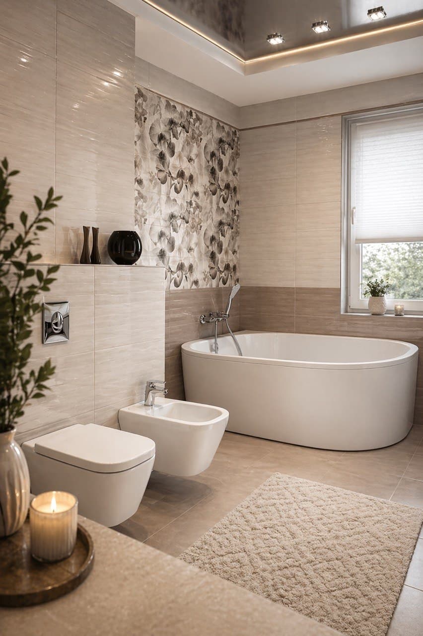 Bathroom with a floral wall accent, freestanding tub, and a decorative ceiling