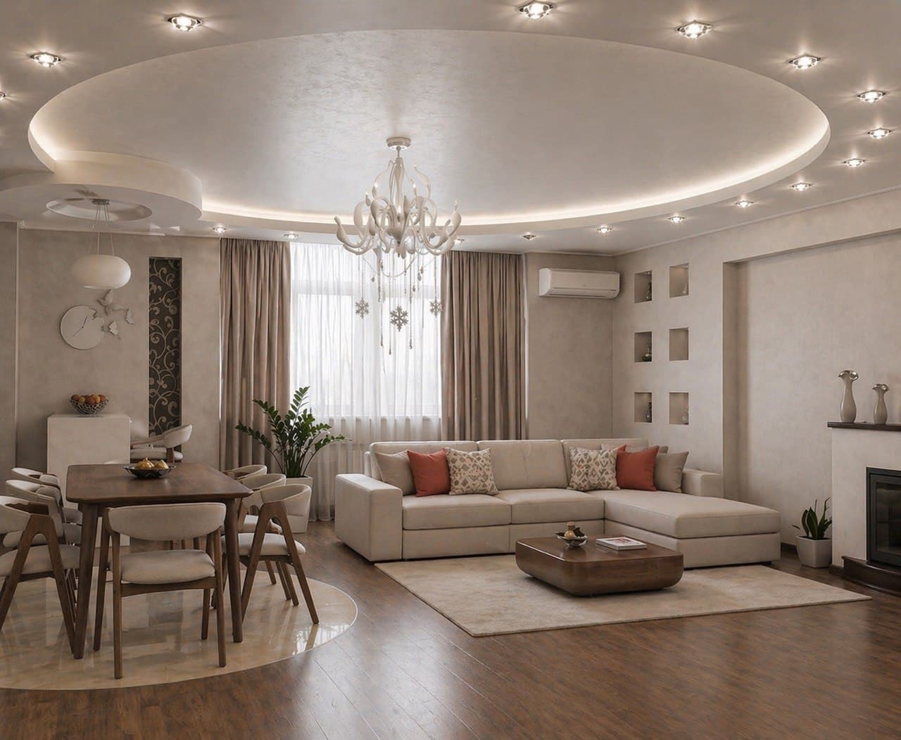 Family living room with a circular ceiling, chandelier, and soft decorative plaster