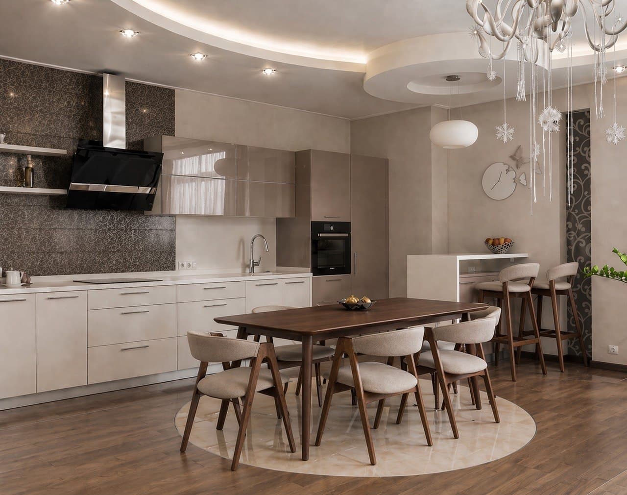 Kitchen and dining area with a curved ceiling detail, chandelier, and decorative finishes