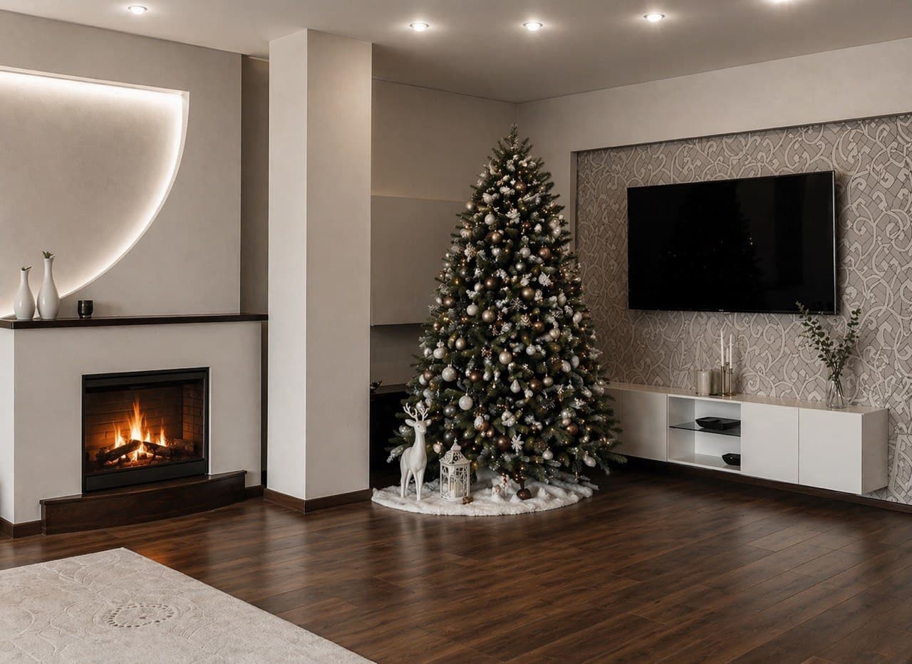 Living room with an illuminated wall curve, fireplace, and festive styling