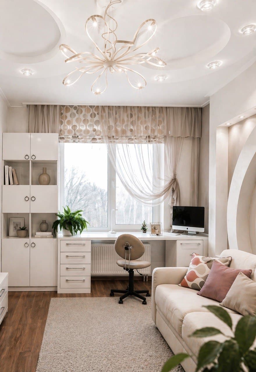 Living room and study corner with a curved ceiling medallion and layered lighting