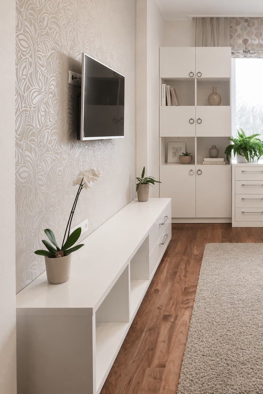 Media wall with a textured finish and a minimalist floating console