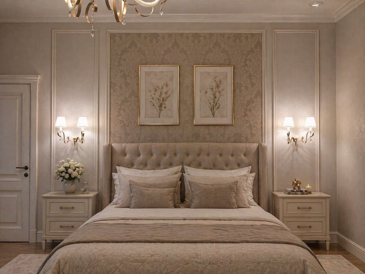 Bedroom with classic wall panels, decorative moldings, and an upholstered headboard