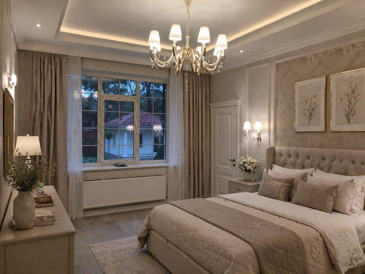 Bedroom with layered lighting, paneled walls, and full-height drapery