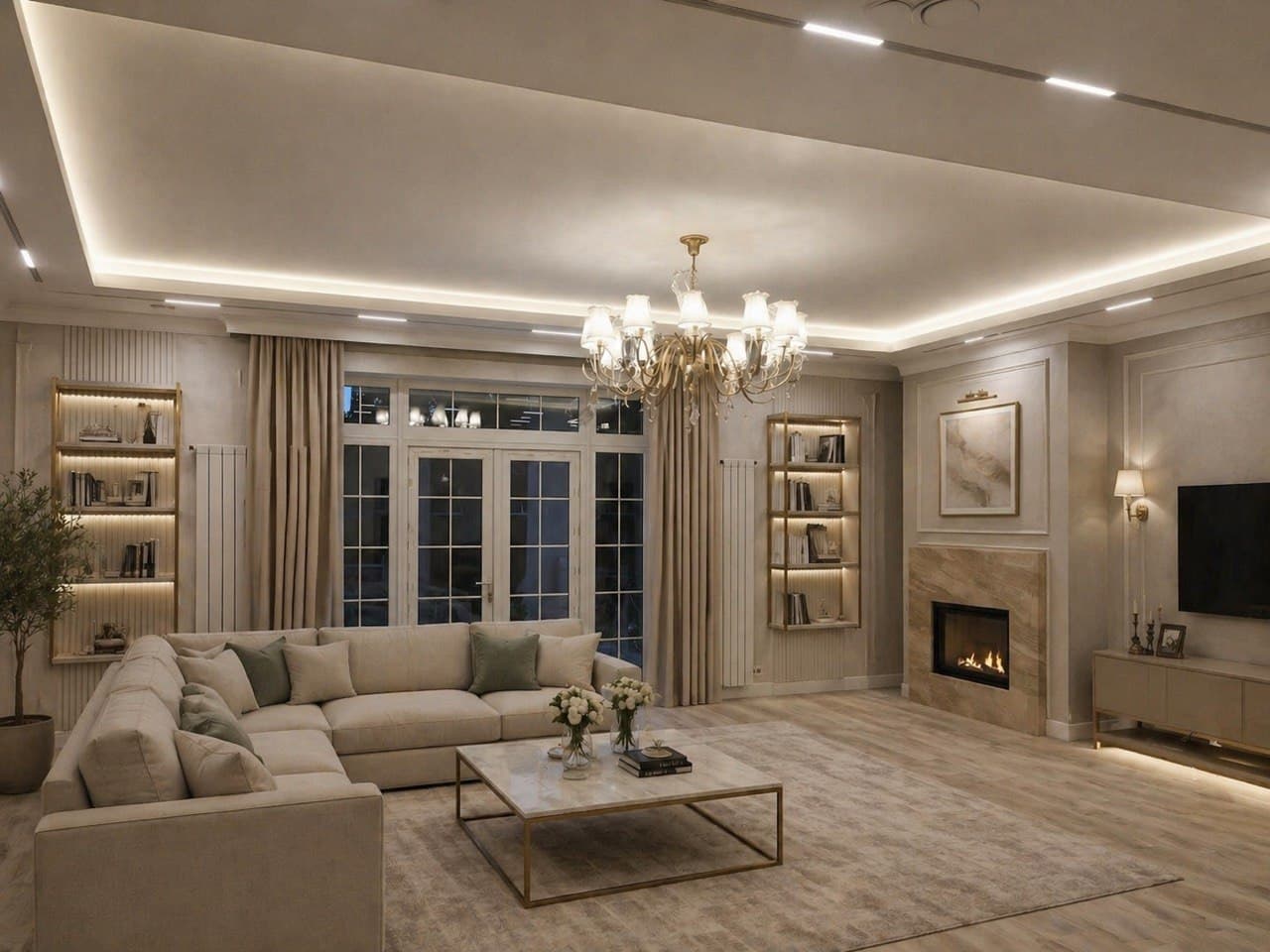 Family lounge with architectural panels, warm lighting, and custom shelving