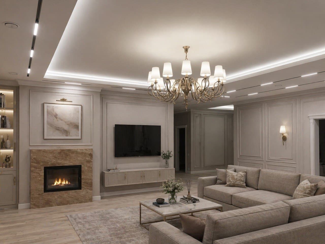 Living room with a fireplace wall, decorative moldings, and recessed ceiling lighting