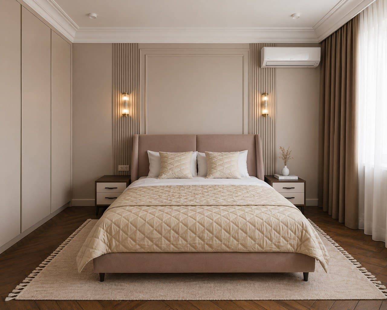 Bedroom with paneled walls, upholstered bed, and symmetrical sconces