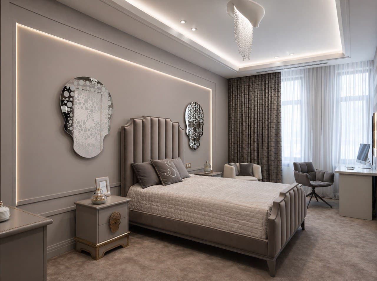 Bedroom with decorative paint walls, ceiling lighting, and a soft upholstered bed