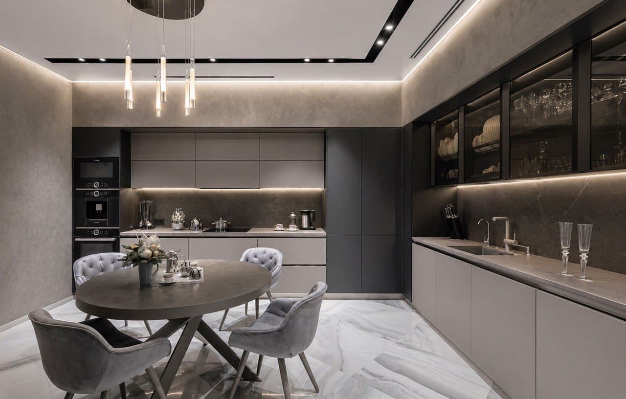 Luxury kitchen with decorative paint walls, an LED ceiling, and a stone dining table