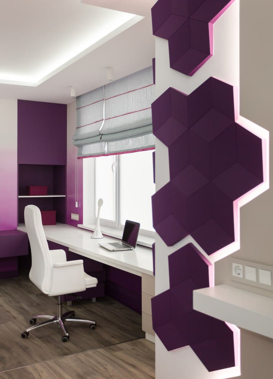 Study corner with geometric 3D wall accents and layered decorative paint