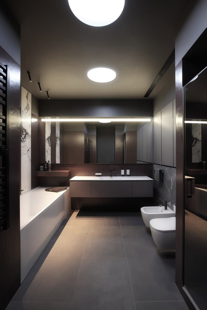 Bathroom corridor with a monolithic microcement floor and graphite vanity