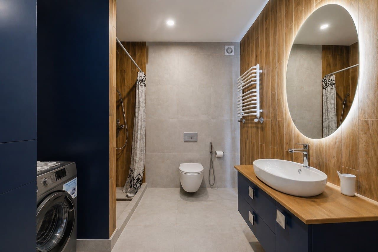 Bathroom with wood cladding, a round mirror, and a textured stone finish