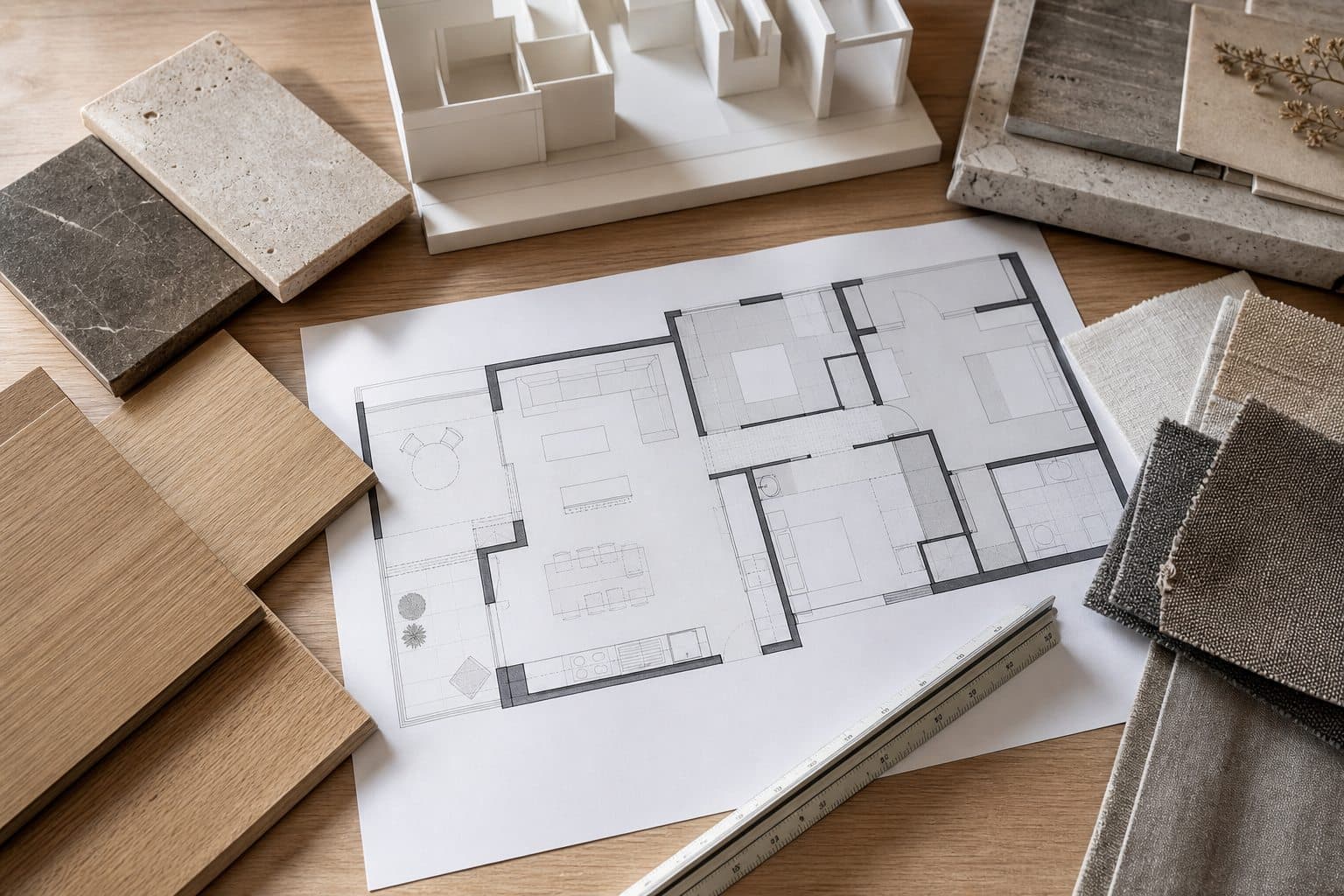 Plano de vivienda con muestras de piedra, madera y tejidos para el diseño interior