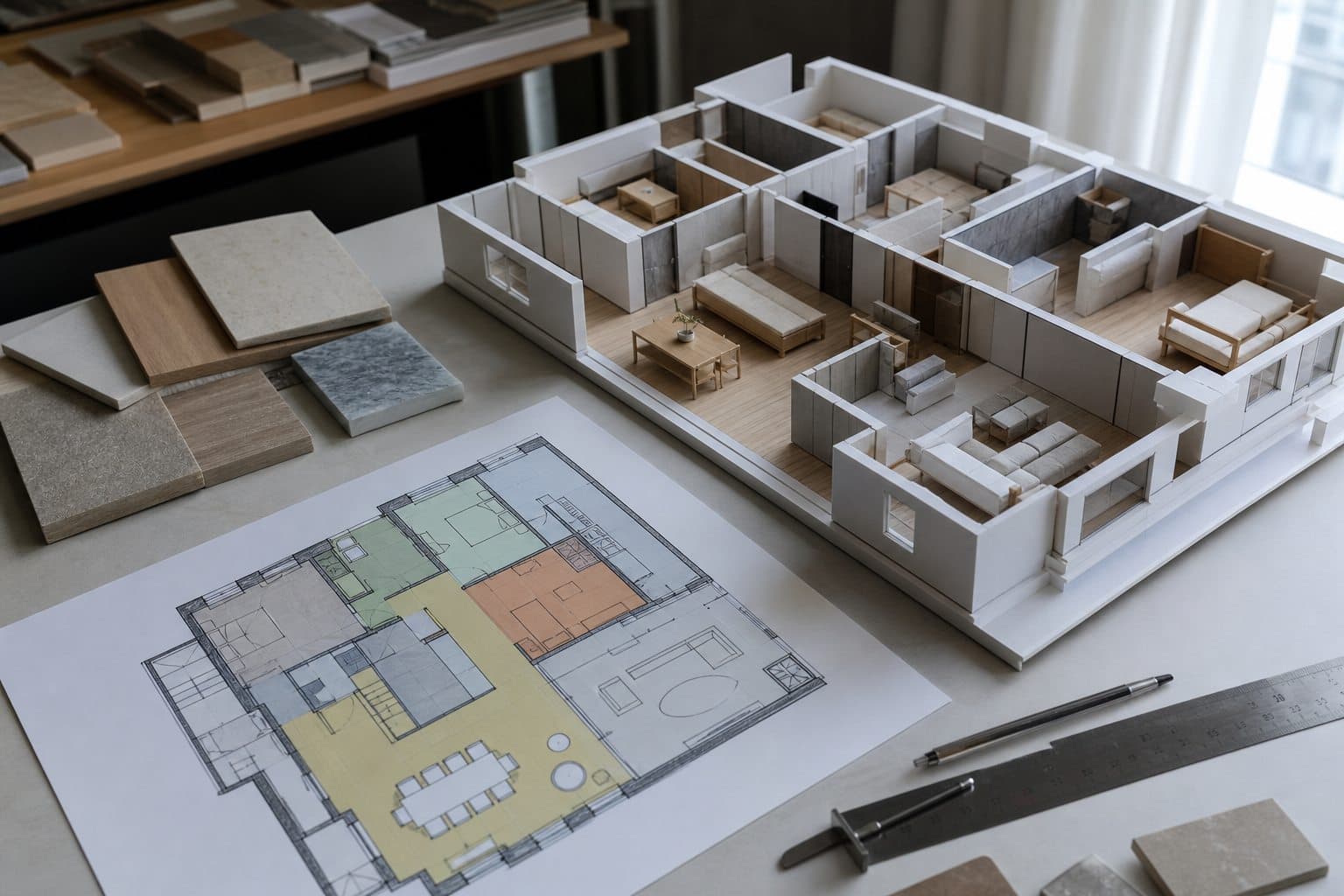 Plano de zonificación y maqueta de vivienda para definir la distribución