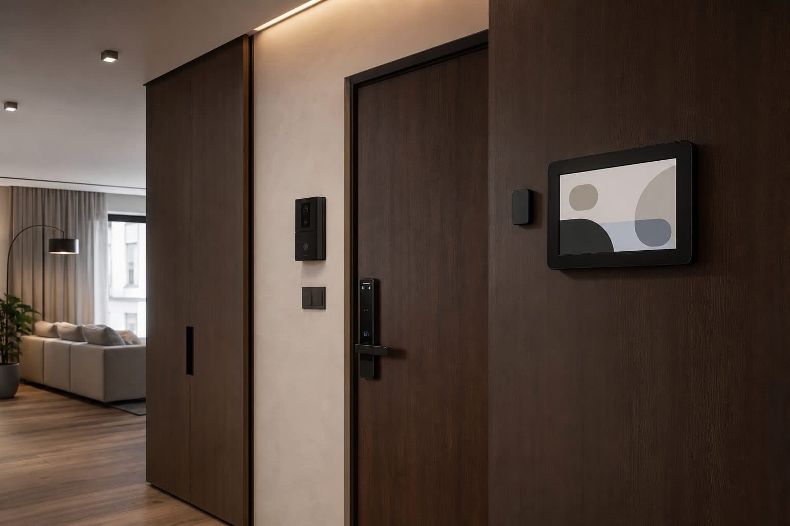Smart-home touchscreen, video intercom, sensors, and smart lock integrated at the entrance