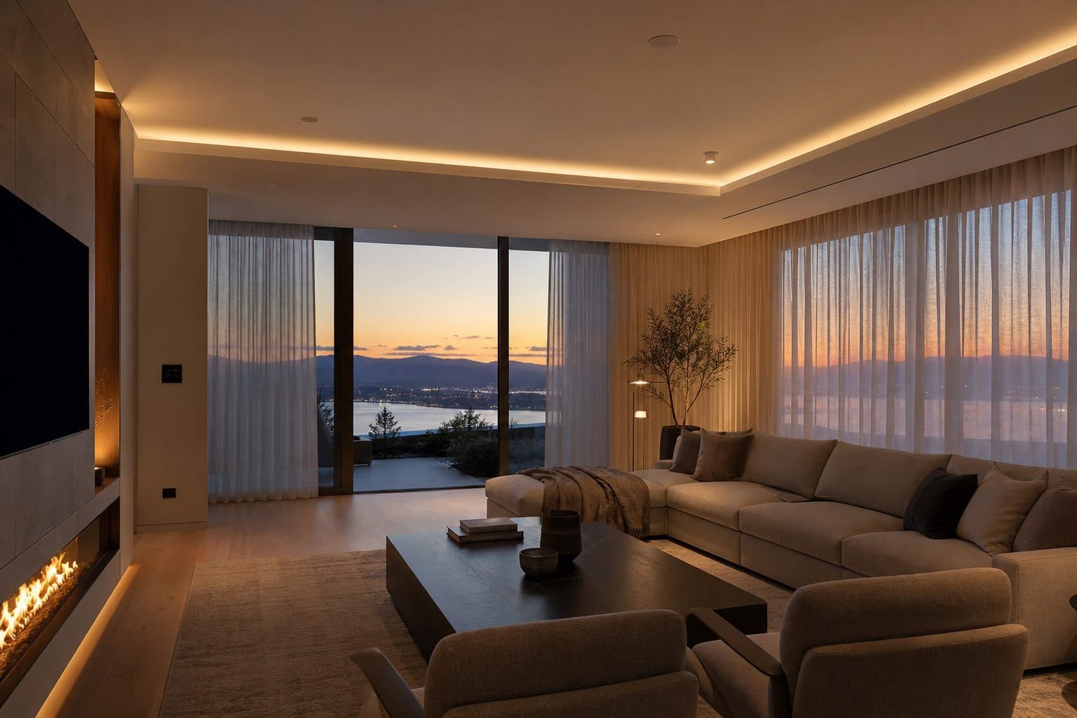 Automated lighting, concealed sensors, motorized curtains, and climate control in a living room